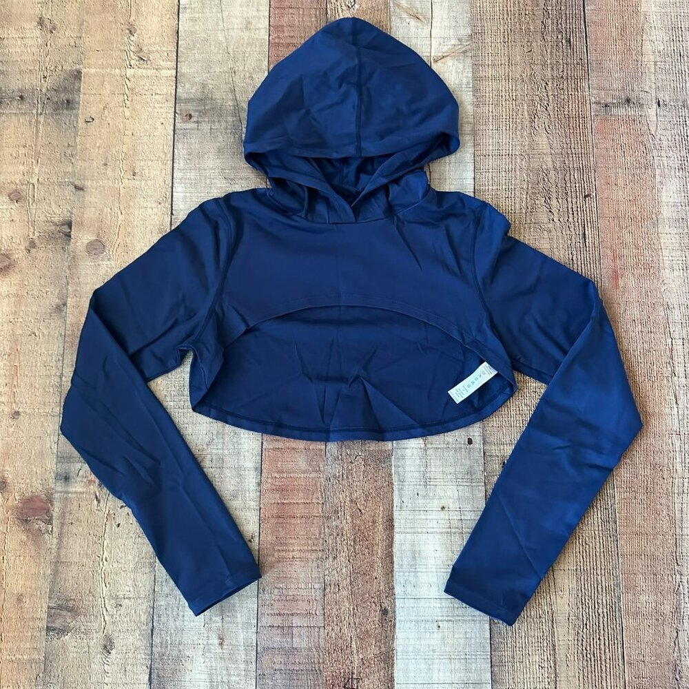 Raw Cropped Blue Long Sleeve Hoodie With Thumbholes Size M Polyester & Spandex